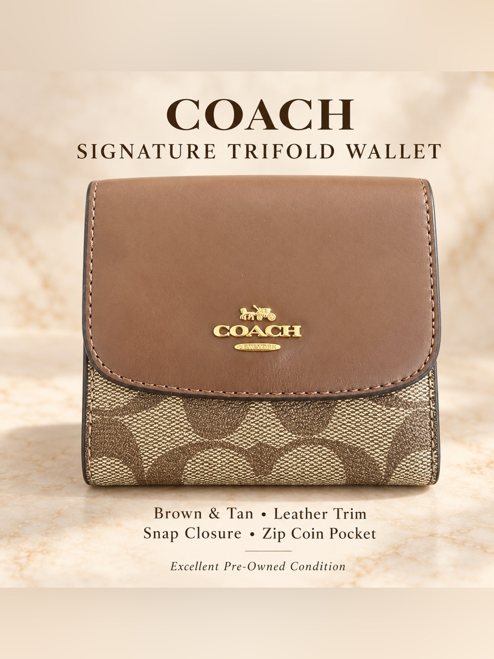 COACH Signature C Brown Tan Compact Trifold Wallet Leather Trim EUC